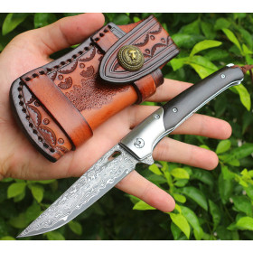 Damascus Blade Cheetah Ebony Handle Folding Design Knife for Survival Outdoor Hunting Camping EDC UD406549